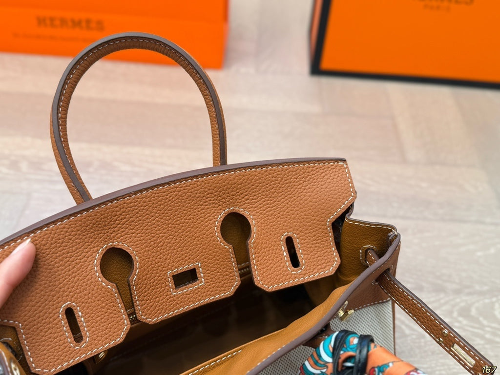 Hermès Birkin 25 in Canvas & Gold Togo Leather