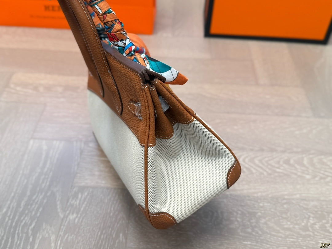 Hermès Birkin 25 in Canvas & Gold Togo Leather
